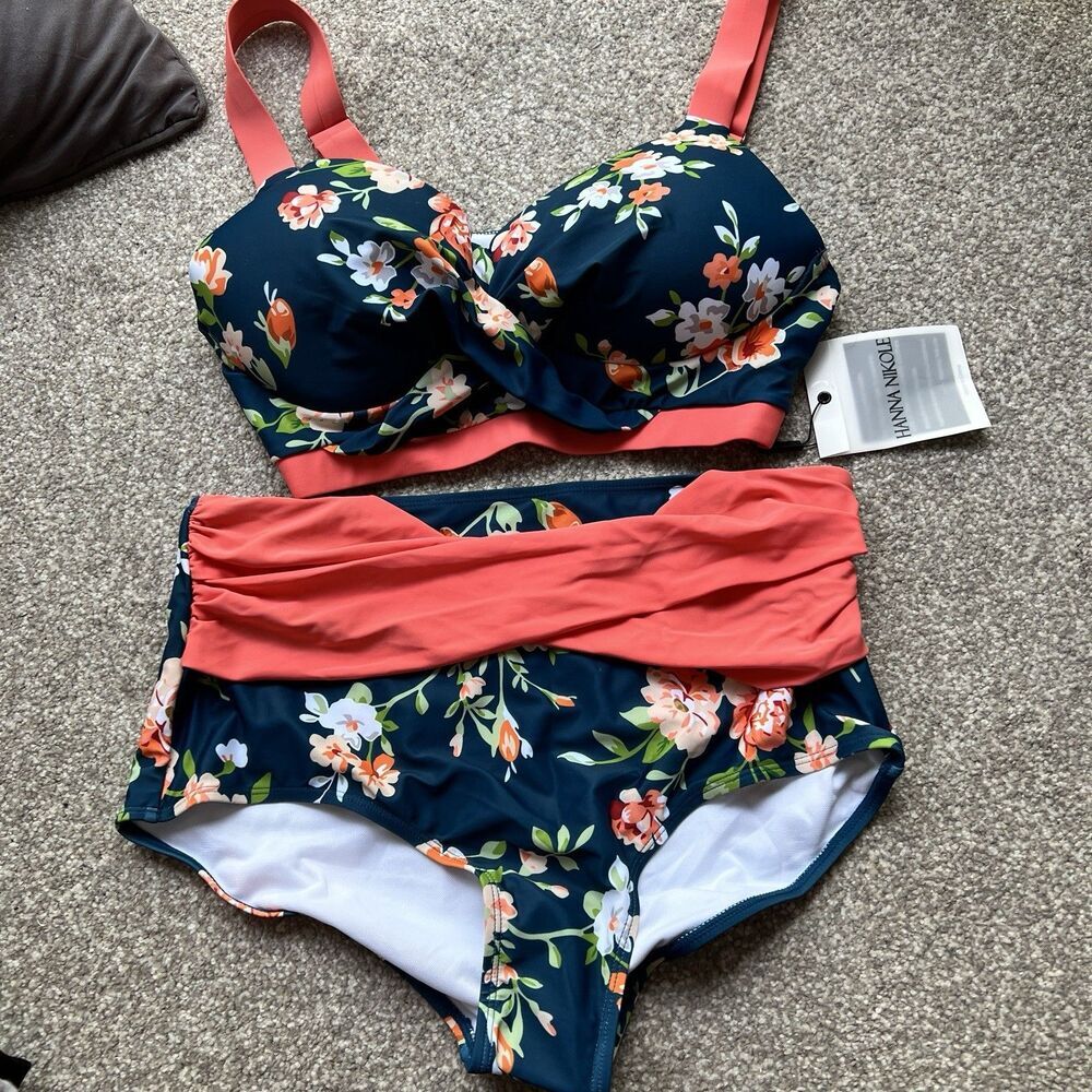 NWT Hannah‎ Nikole Swimsuit Plus Size 16W Coral Navy Floral Wide Strap